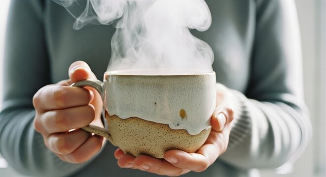 Woman holding warm steaming cup indoors symbolizing comfort mindfulness and peaceful morning wellness and cozy lifestyle