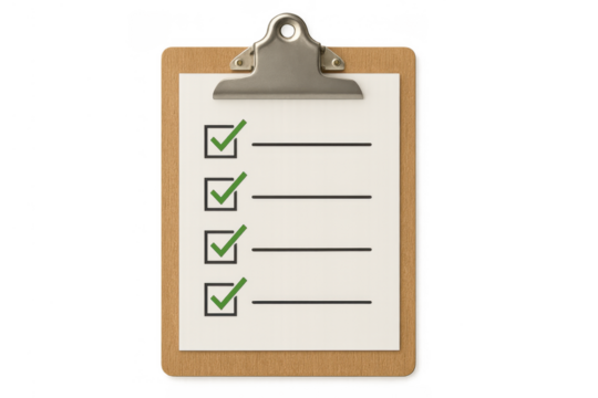 Clipboard showing a completed checklist with green checkmarks, representing task management, organization, and planning concepts