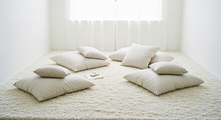 Obraz premium Minimalist home meditation corner with soft beige pillows and morning light creating a peaceful space for relaxation