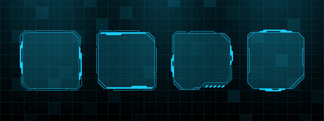 Collection of four futuristic interface frames. Head up display ui element for sci fi game or virtual reality application. Digital technology and data concept. © marruu