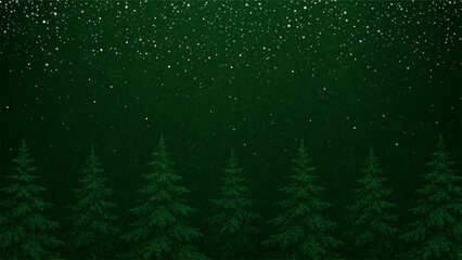 Christmas vector background with snow falling over green pine trees in a winter forest night for a holiday greeting card design.