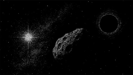 Asteroid in outer space near bright star and black hole. Astronomical illustration with dot grain stipple noise vector effect. Interstellar journey concept. © marruu