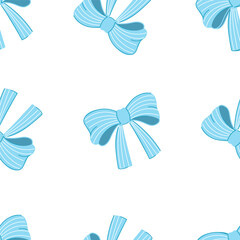 Seamless pattern, blue bow with white stripes on a white background. Vector illustration for printing. Cute baby background for girls