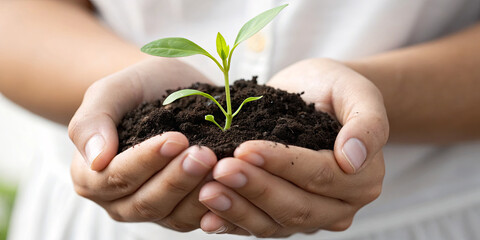 Two hands hold rich soil with a small green plant sprouting from it. The scene captures a moment of nurture and connection with nature, indicating hope and growth
