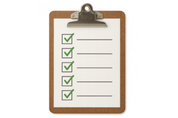 Clipboard with checklist showing completed tasks and check marks, representing success, productivity, and achievement on transparent background