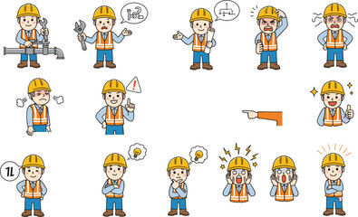 Cartoon Construction Worker Character Set Showing Emotions, Wrench Actions, Blueprint, Pipe Repair, Pain, Anger, Thought, Surprise, Happiness