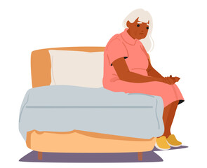Upset lonely elderly woman cartoon character sitting alone on bed suffering from inner struggle