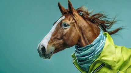 Brown horse with white blaze wearing green scarf and yellow jacket against blue background.
