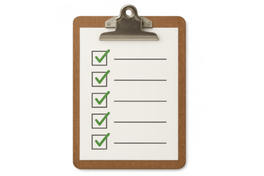 Clipboard with checklist showing completed tasks and check marks, representing success, productivity, and achievement on transparent background