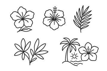 Tropical floral and palm tree line art with sun and leaves