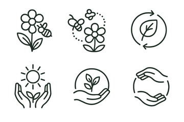 Eco-friendly icons: flowers, bees, recycling, sun, and hands