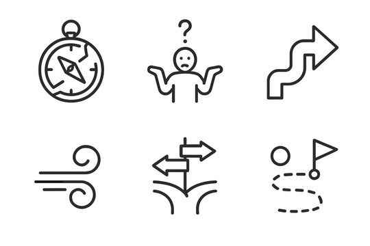 Compass, confusion, direction icons – navigation and decision-making symbols