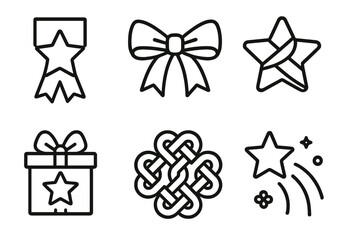 Obraz premium Set of six star-themed outline icons featuring ribbon, bow, gift, knot, and shooting star