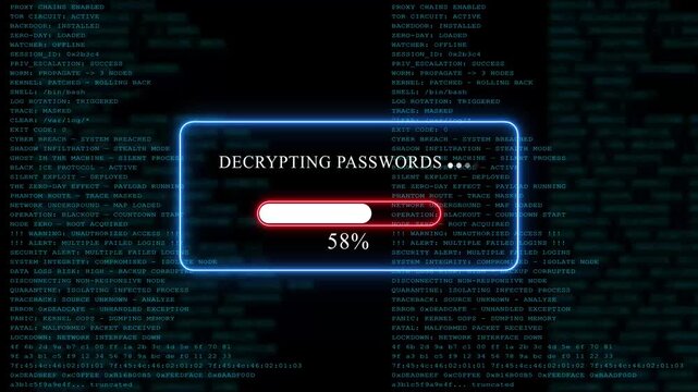 Yellow glowing progress bar shows 100% percent of decrypting passwords on a background of computer code programming
