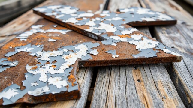 Rusty metal arrow sign shows wear and tear on wooden surface in an outdoor setting during daylight
