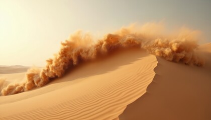 Sandstorm sweeps over dune crest in desert. Dynamic windblown sand moves along sandy hill. Arid climate landscape. Dunes in the Middle East. Dry hot sand drifts over ridge. Drought.