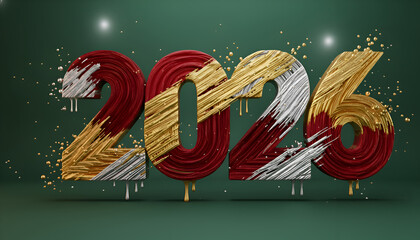Bold 2026 numbers painted in red gold and silver with metallic texture and drops on green background