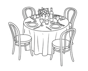 Round Dining Table Set For Four With Chairs And Flower Centerpiece Keywords: dining, table, round, set, four, chairs, place, setting, plates