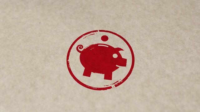 Piggy bank stamp and hand stamping impact animation. Savings money box 3D concept. 