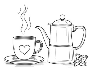 Steaming teapot with heart cup, cozy tea time still life, line art sketch perfect for kitchen decor, cafes and breakfast menus