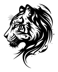 Tiger head emblem, fierce wild big cat profile in bold strokes, strong mascot for sports, outdoor brands and wildlife conservation