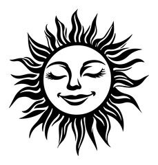 Smiling sun with expressive face and flowing rays, stylized solar emblem bringing warmth, joy and positivity