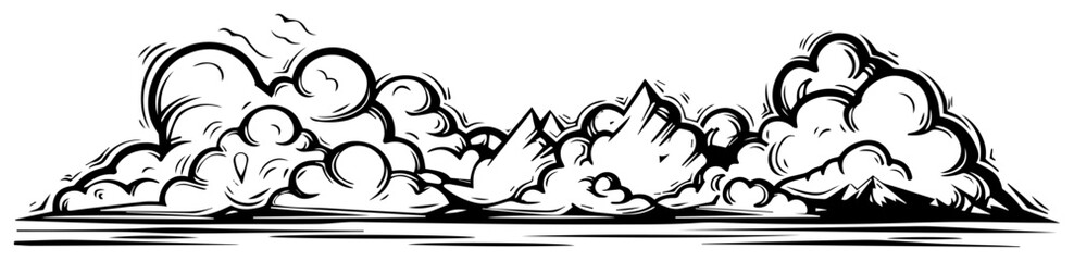 Fototapeta premium Horizontal smoke cloud border, stylized foggy divider with puffy shapes, cartoon atmosphere accent