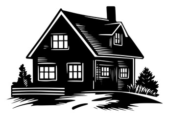 Cozy cottage house, rustic countryside cabin amid grass and fence, homely rural architecture