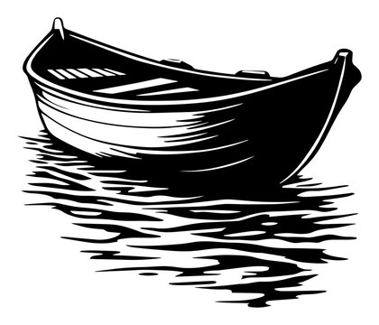 Rowboat floating on calm water, classic wooden dinghy silhouette with ripples, serene lake or fishing theme