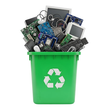 Electronic waste recycling symbol on green bin overflowing with discarded computer parts and circuit boards