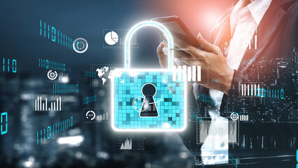 Obraz premium A businessman analyzes digital security elements while using a smartphone in an urban setting. The image illustrates concepts of data privacy, cyber security, and technology trends. Xenic