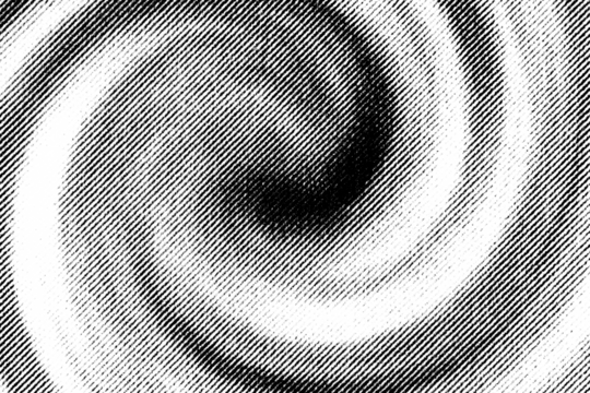 Abstract black halftone swirl texture with radial motion on transparent background. High-contrast monochrome dot pattern.