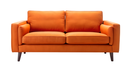 Vibrant orange upholstered two-seater sofa with modern black legs perfect for contemporary living spaces