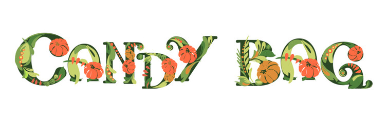 Font composition of letters with pumpkins. Words for the autumn holiday Halloween. Autumn mood	
