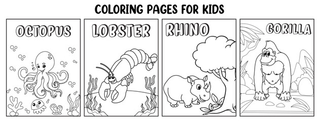 sea and jungle animal coloring pages set octopus lobster rhino and gorilla vector