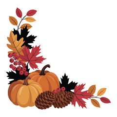 A festive autumn corner arrangement featuring pumpkins, pine cones, and colorful leaves in shades of orange, red, and brown, creating a warm and inviting seasonal display, isolated on white background