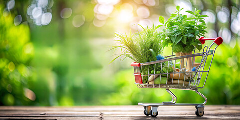 A shopping cart is filled with various fresh herbs and vegetables set against a lush green background. The warm sunlight adds a cheerful ambiance to the scene