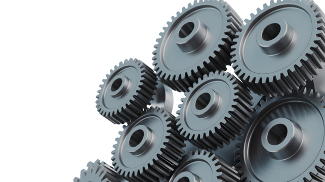 Close-up dynamic array of interlocking metal gears forming a complex mechanical system