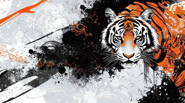 Fierce tiger emerges from abstract art in vibrant orange and black colors