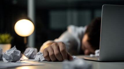Overworked man exhausted from work sleeping on his desk at night