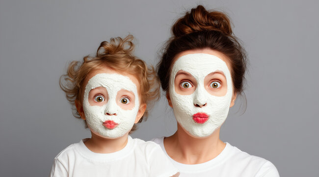 Mother and child making funny faces with cosmetic masks on a gray background