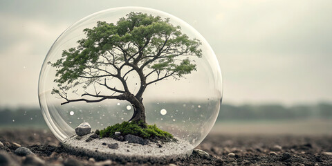 A small tree grows in a glass dome, representing the beauty and fragility of nature. The scene captures a peaceful moment during sunset with a soft, hazy background