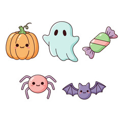 This cute vector art features a variety of kawaii Halloween characters. You'll find a pumpkin, ghost, candy, spider and bat, all illustrated in a sweet, cartoon style
