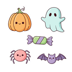 Cute vector Halloween icons for graphics. This includes a pumpkin, ghost, candy, spider and bat, all with kawaii smiling faces