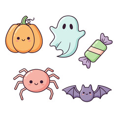 Five cute Halloween icons include a pumpkin, ghost, candy, spider, and bat
