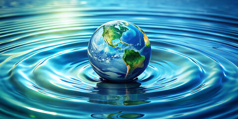 A globe representing Earth rests on calm water, creating gentle ripples that expand outward in a peaceful environment. The scene highlights the beauty of our planet's delicate balance