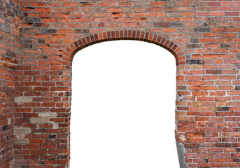 An archway in a red red brick wall with a transparent background.
