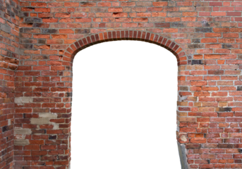 An archway in a red red brick wall with a transparent background.