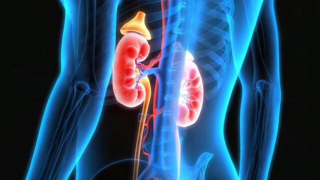 Human kidneys and adrenal glands within the body showing anatomical structure and vascular connections