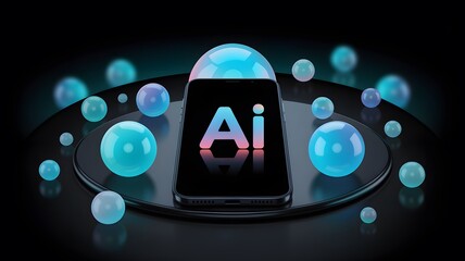 Abstract representation of artificial intelligence with glowing blue orbs and ai logo on a dark background